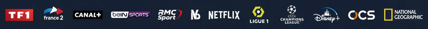 iptv france abonnement premium iptv Logos des chaînes incluses : TF1, France 2, Canal+, beIN SPORTS, RMC Sport, M6, Netflix, Ligue 1, Champions League, OCS, Disney, National Geographic