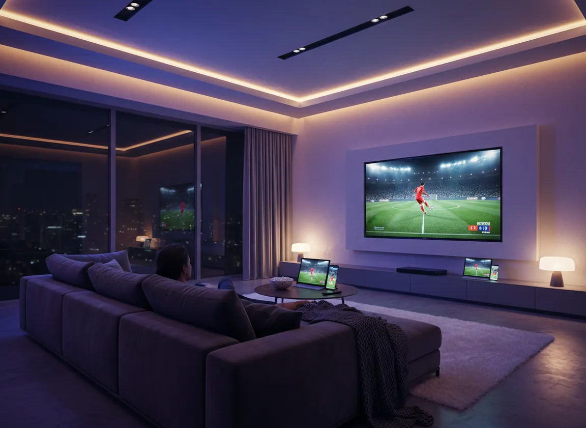 iptv france abonnement premium iptv Regarder l'IPTV France sur une grande Smart TV 4K dans un salon moderne
